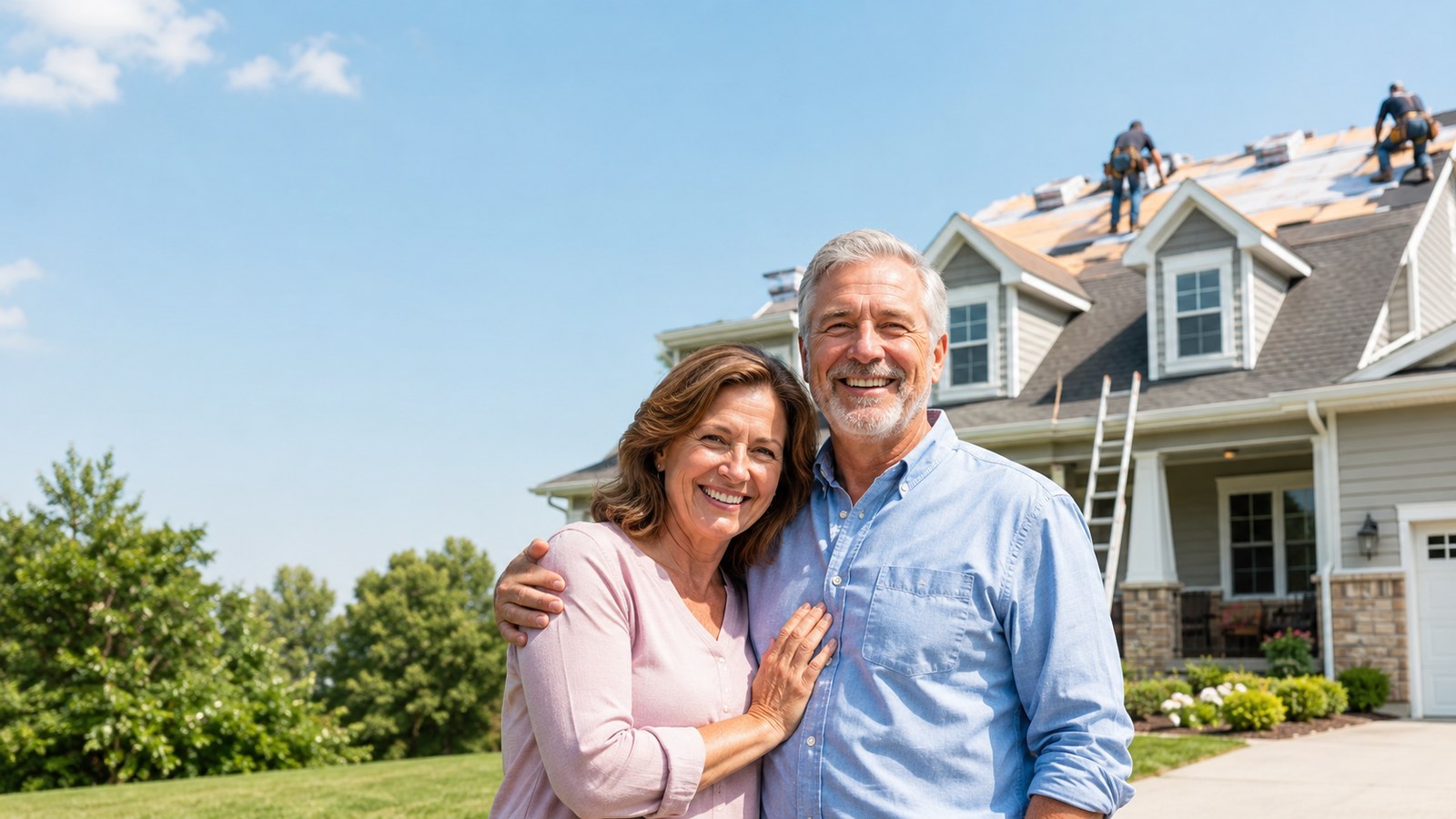 Happy homeowners standing in front of their home while roofing work is underway