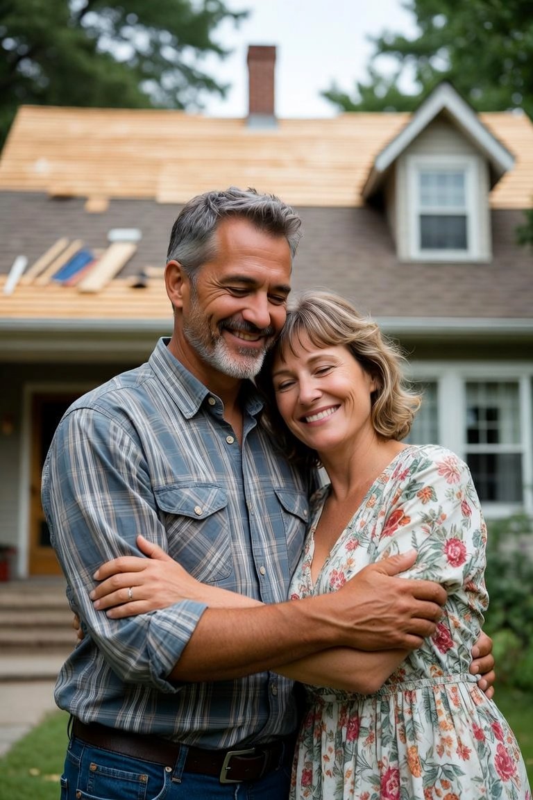 Homeowners embracing in front of a house with roof work in progress